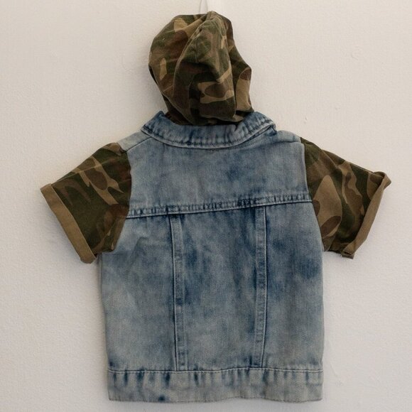 Camo Sleeve Denim Hooded Jacket Kids 3-4T Jean Vest Urban Streetwear Style - Picture 3 of 4